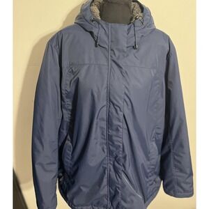 L L Bean Jacket Womens 3X Plus Blue Hooded Nylon Sherpa Lined Winter Coat